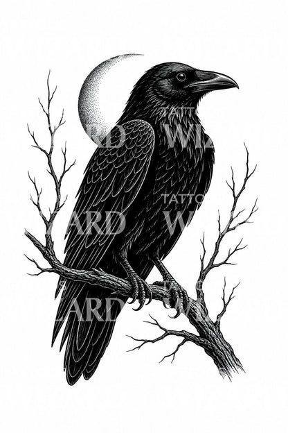Tattoo-ontwerp met raaf en wassende maan
