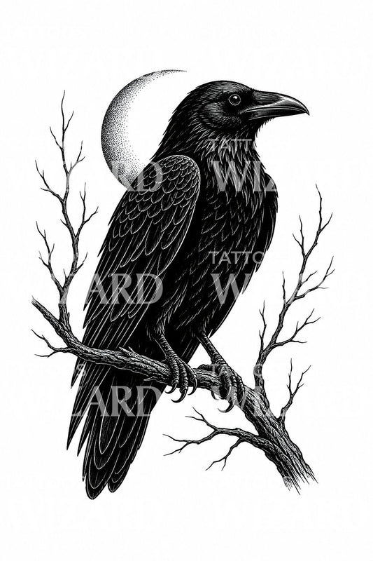 Tattoo-ontwerp met raaf en wassende maan