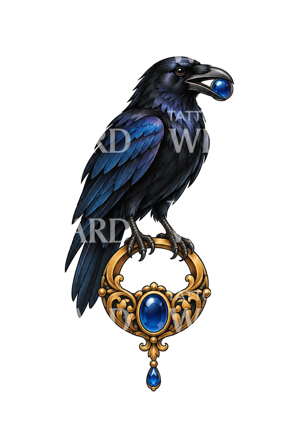 Tatouage d’un corbeau portant un présent en saphir