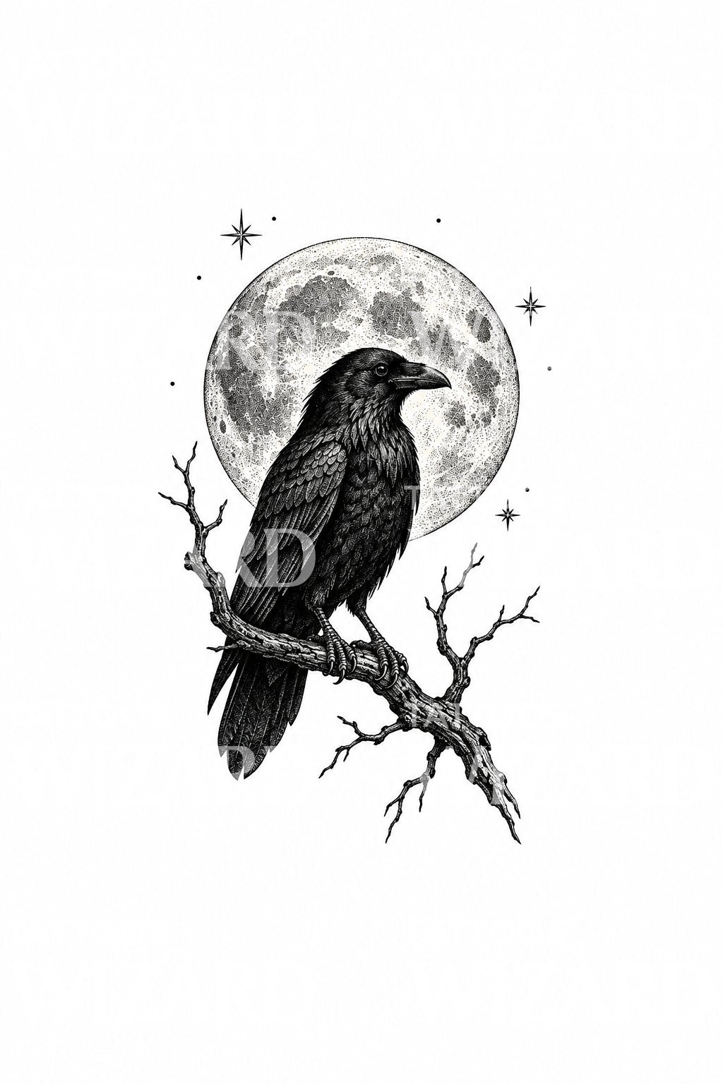 Tattoo-Design eines Raben vor einem Punktmond
