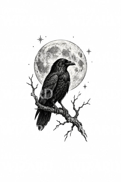 Tattoo-Design eines Raben vor einem Punktmond