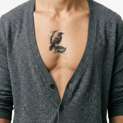 Diseño de tatuaje de cuervo en rama circular