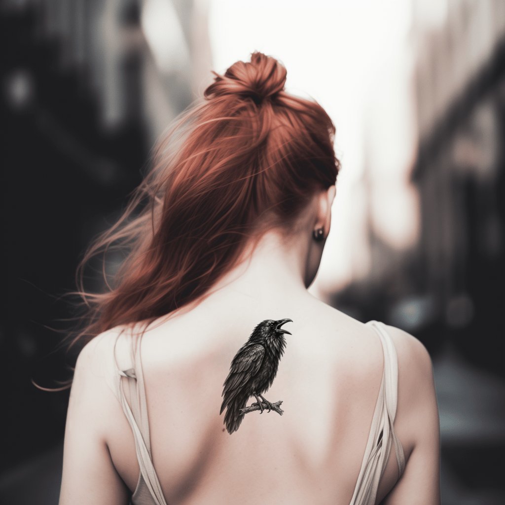 Calling Raven with Flared Hackles Tattoo Illustration