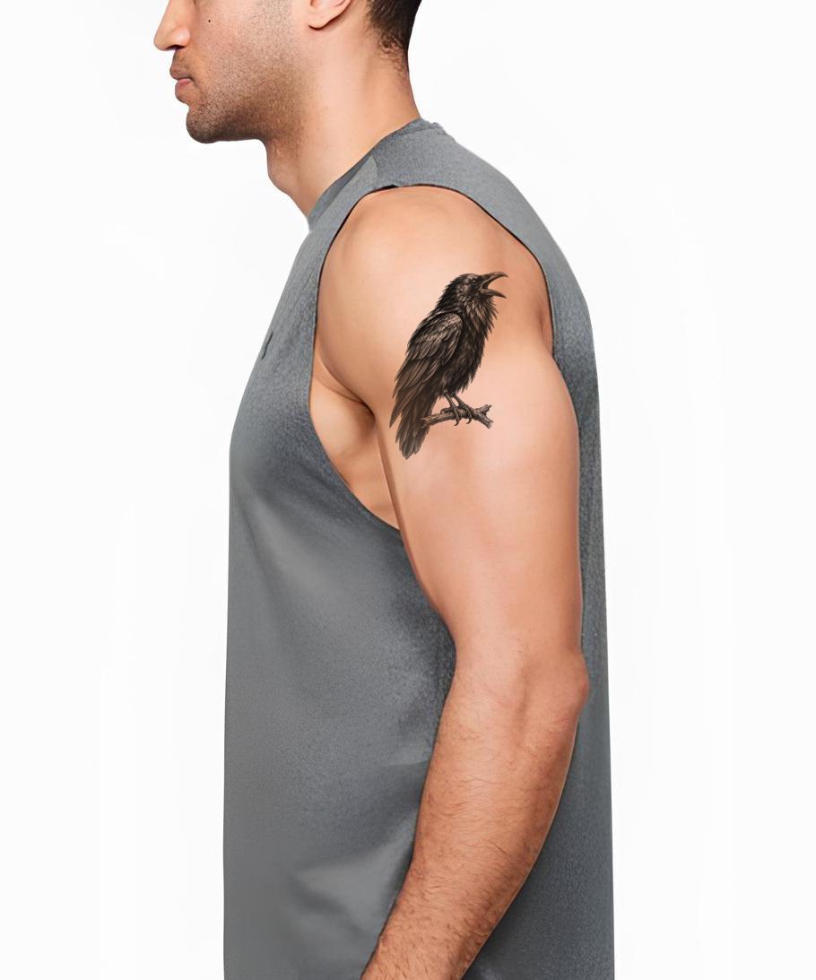 Calling Raven with Flared Hackles Tattoo Illustration