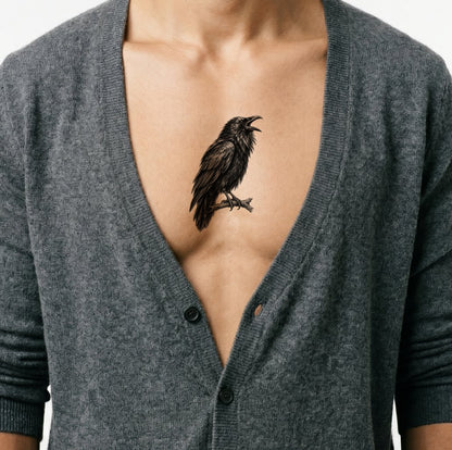 Calling Raven with Flared Hackles Tattoo Illustration