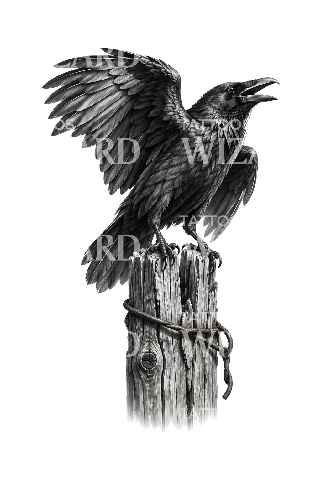 Raven Calling from Fence Post Tattoo Illustration