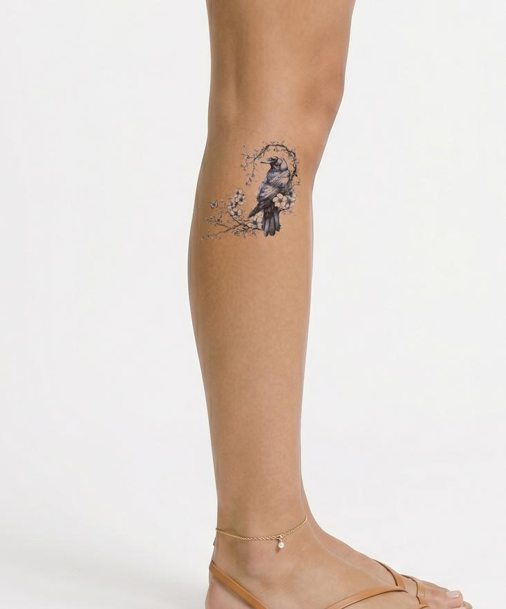 Diseño de tatuaje de cuervo en rama de flor de cerezo