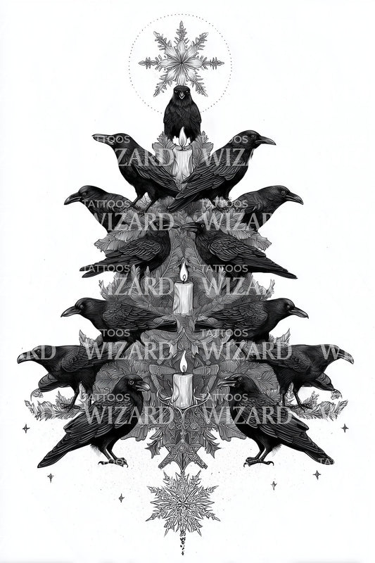 Raven Christmas Tree Tattoo Design