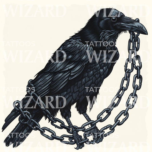 Raven Draped in Chains Tattoo Illustration