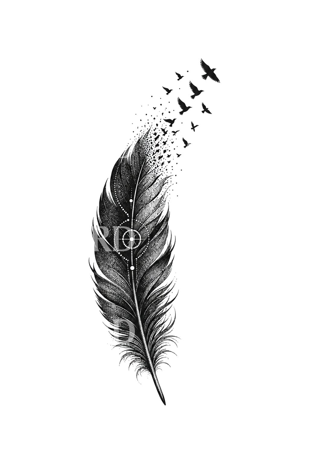 Raven Feather Dissolving into Birds Tattoo Idea
