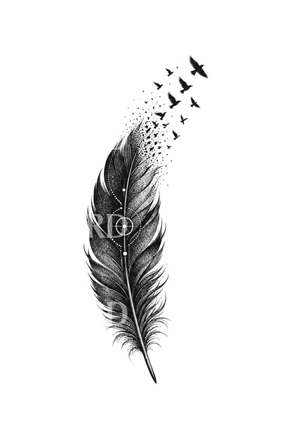 Raven Feather Dissolving into Birds Tattoo Idea