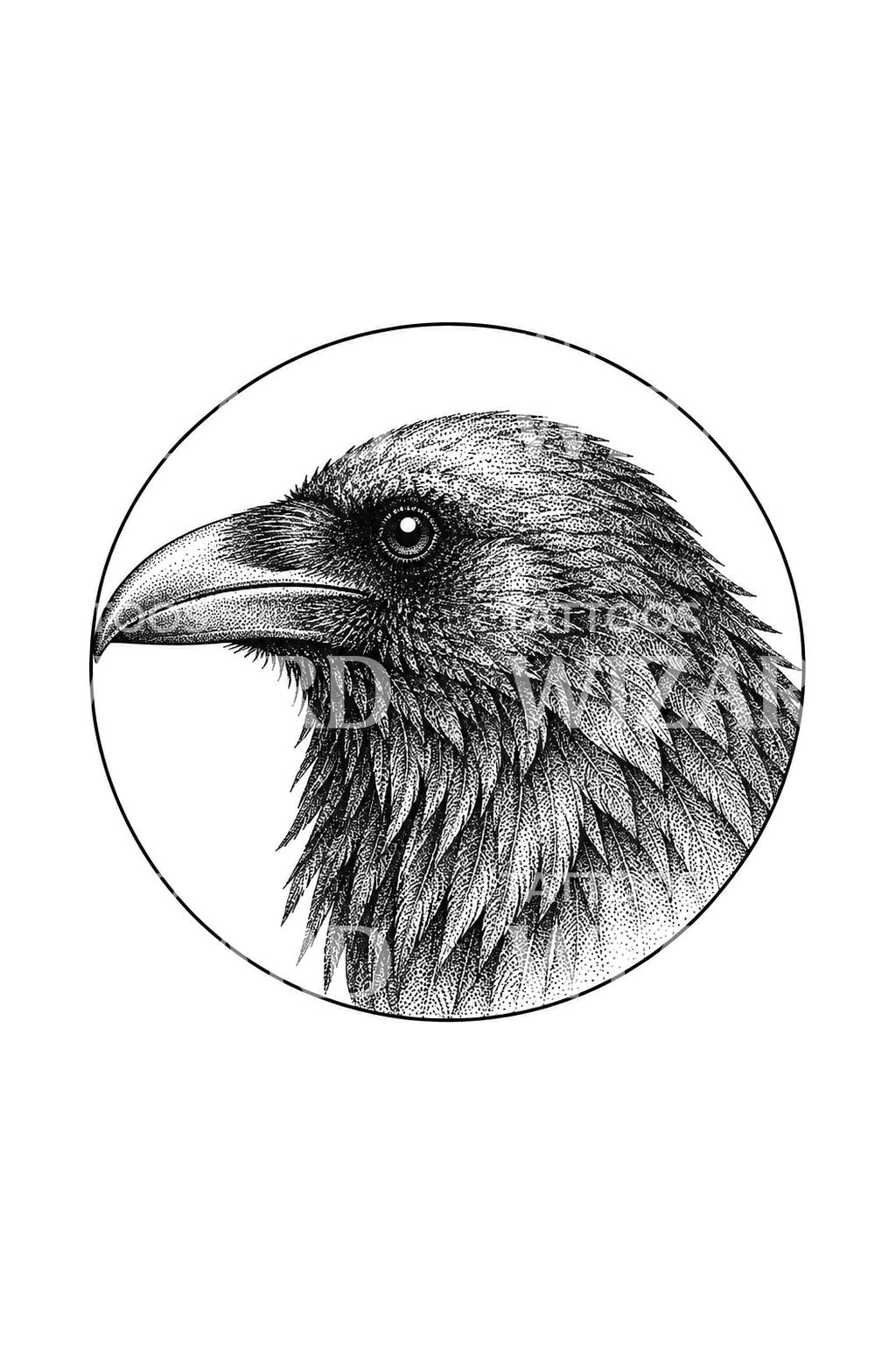 Tattoo-Design eines Rabenkopfs im Punktkreis