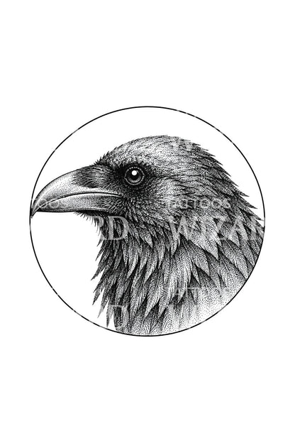 Tattoo-Design eines Rabenkopfs im Punktkreis