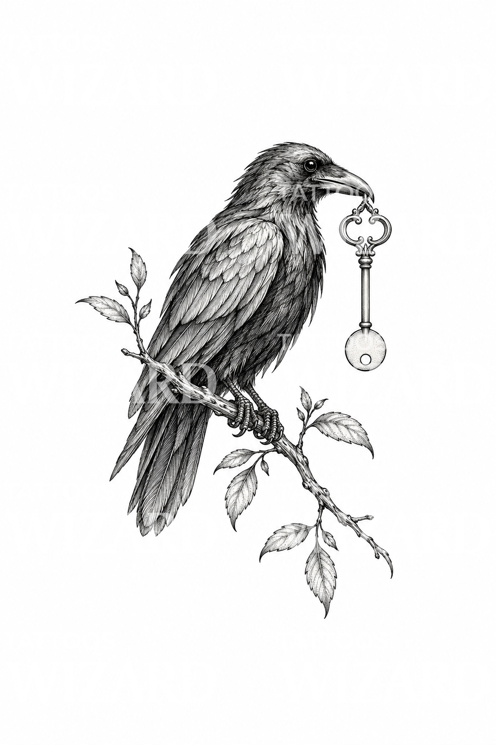 Raven Holding Antique Key Tattoo Design