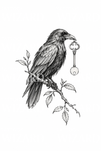 Raven Holding Antique Key Tattoo Design