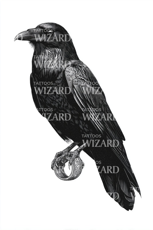 Raven Holding Ring Tattoo Idea