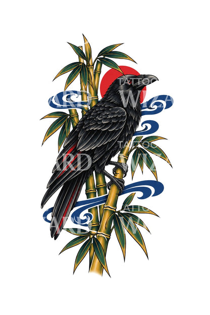 Raven in Bamboo with Red Sun Tattoo Design