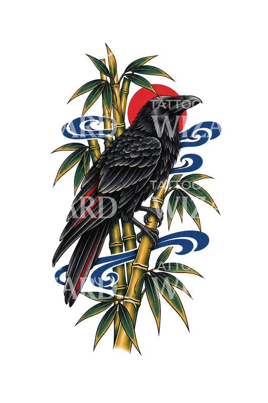 Raven in Bamboo with Red Sun Tattoo Design