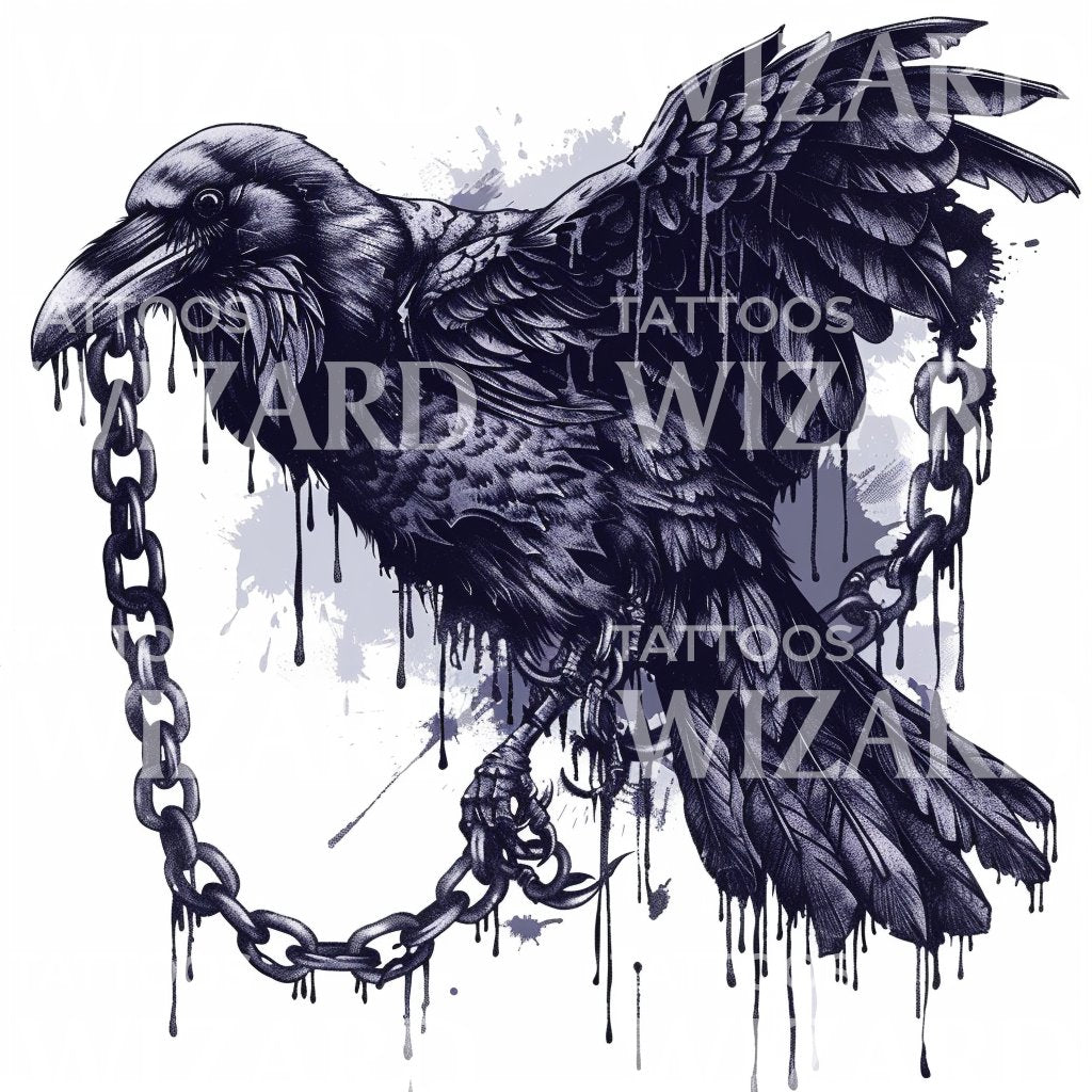 Raven in Chains with Red Accent Tattoo Idea