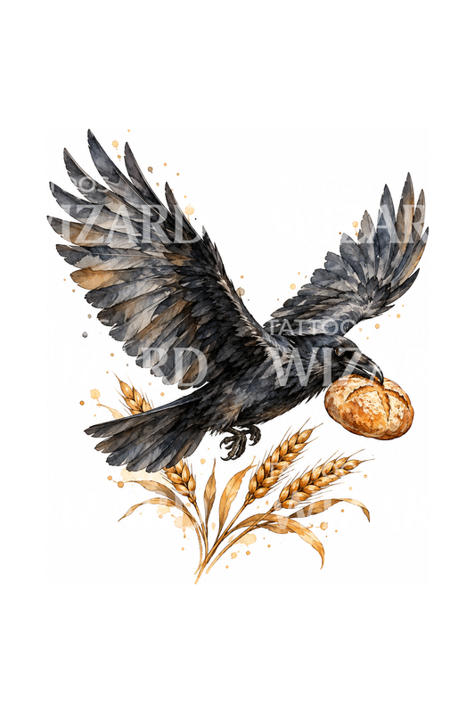 Ilustración de tatuaje del cuervo de San Benito con pan
