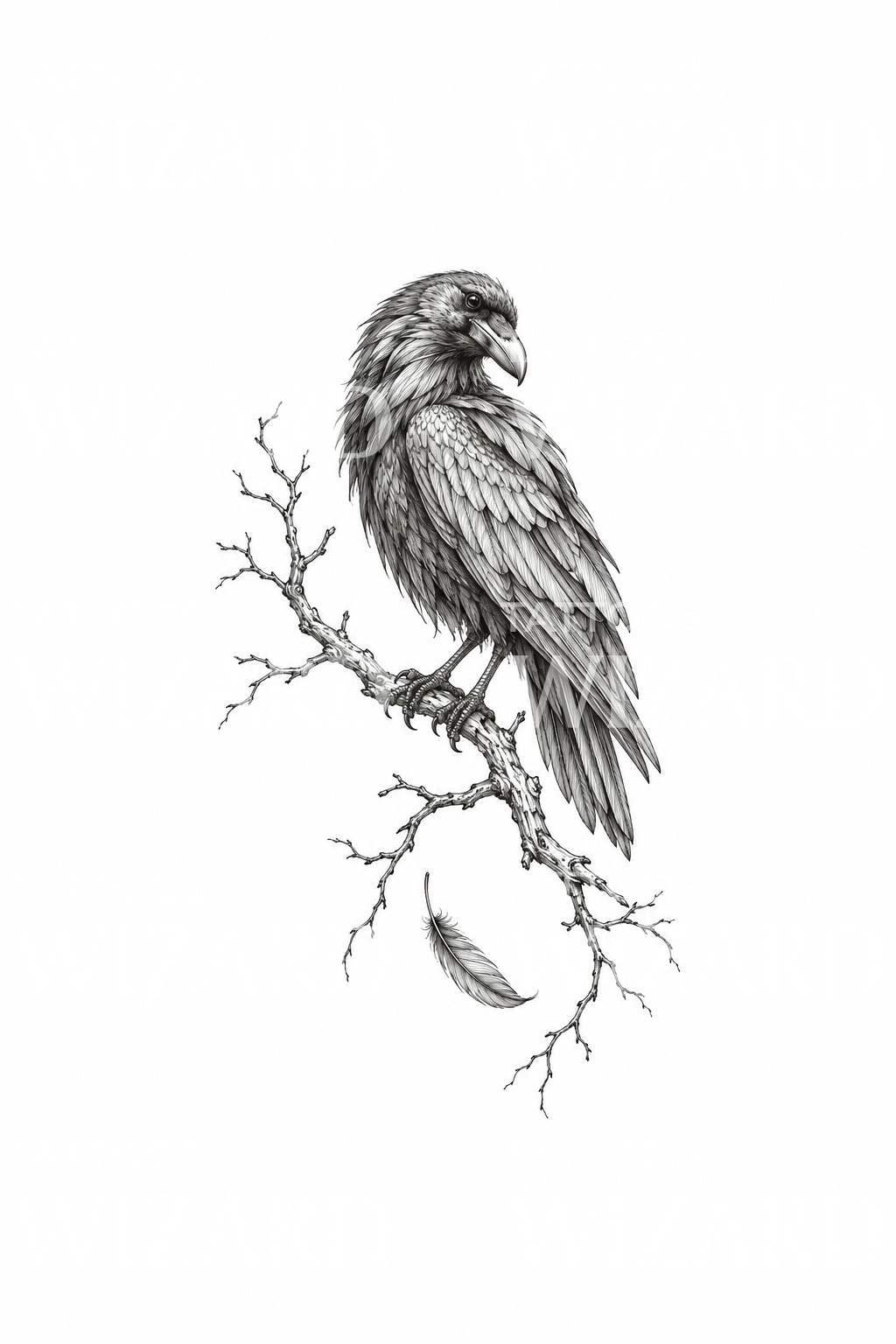 Fine-line-tattoo-ontwerp van een raaf op een kale tak