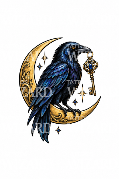 Tatuagem de corvo numa lua crescente com uma chave