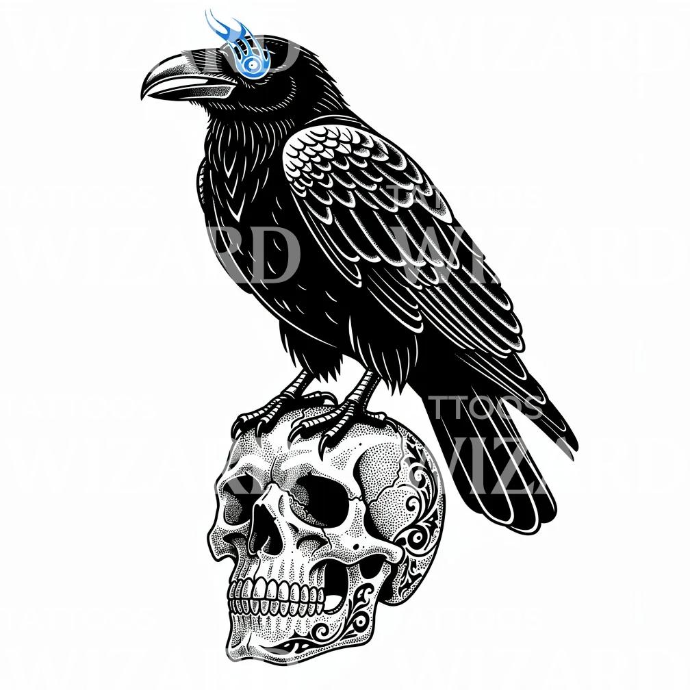 Raven on Skull Tattoo Design