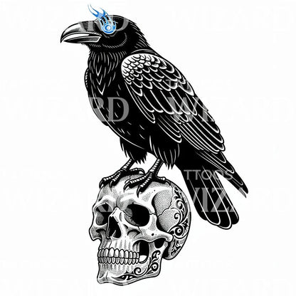 Raven on Skull Tattoo Design