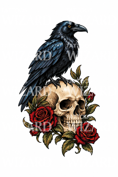 Neotraditioneel tattoo-ontwerp met raaf op schedel en rozen