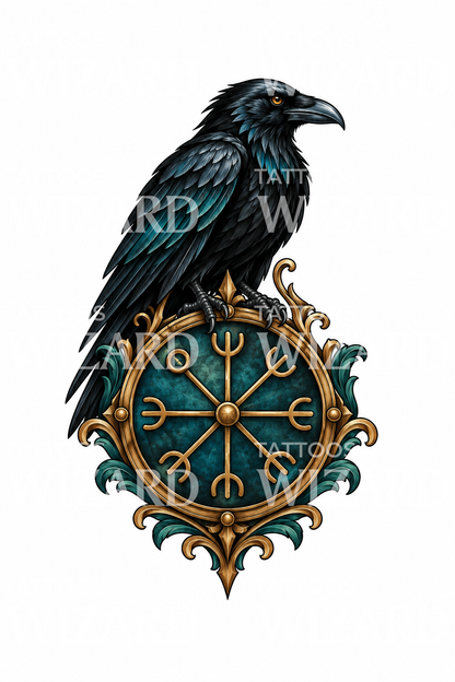 Raven on Vegvisir Compass Tattoo Illustration