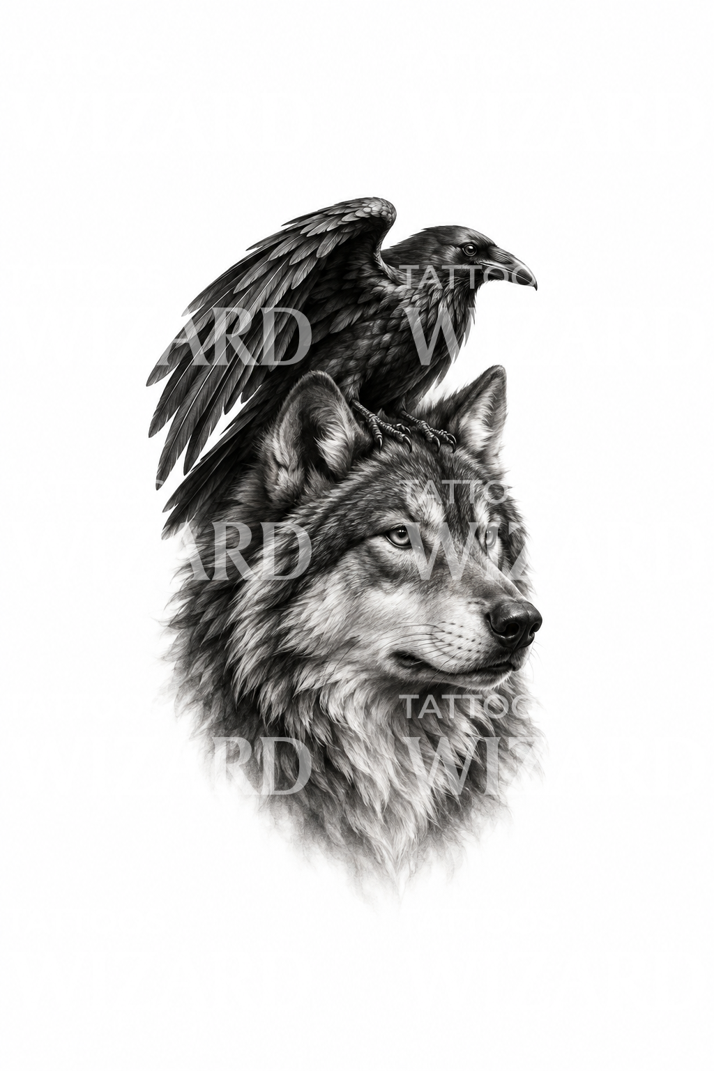 Raven Perched on Wolf Tattoo Illustration