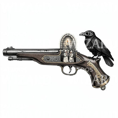 Raven Pistol Reliquary Tattoo Design