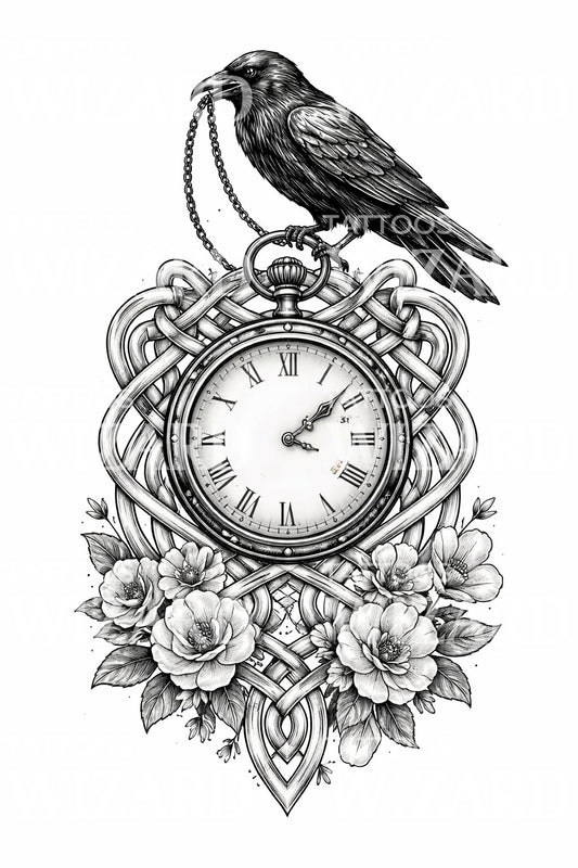 Raven Pocket Watch Tattoo Design