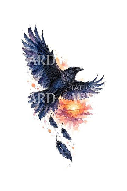 Illustration de tatouage d’un corbeau perdant ses plumes dans le coucher du soleil