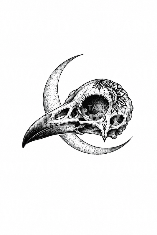 Tatouage de crâne de corbeau et croissant de lune