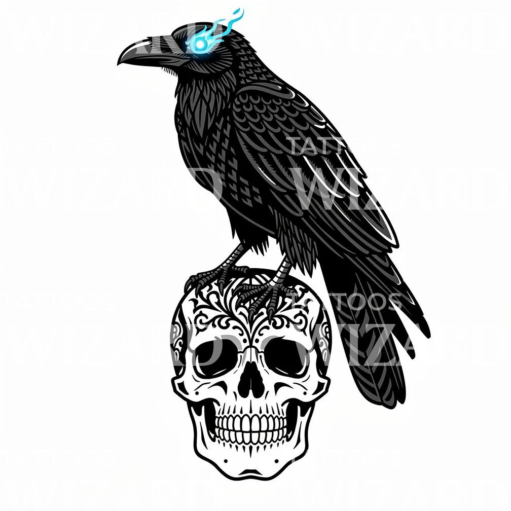 Raven Skull Curse Tattoo Design