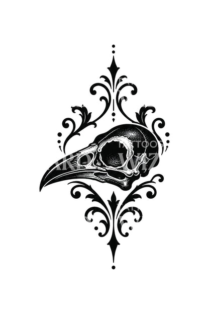 Raven Skull Filigree Blackwork Tattoo Design