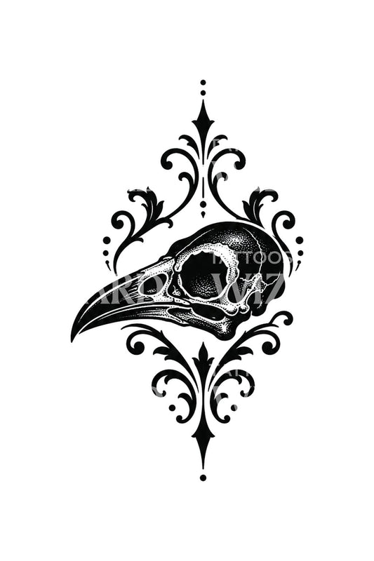 Desain Tato Tengkorak Gagak Filigri Blackwork