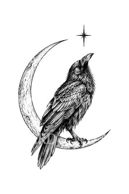 Tattooidé med ravn som ser stjernen fra månen