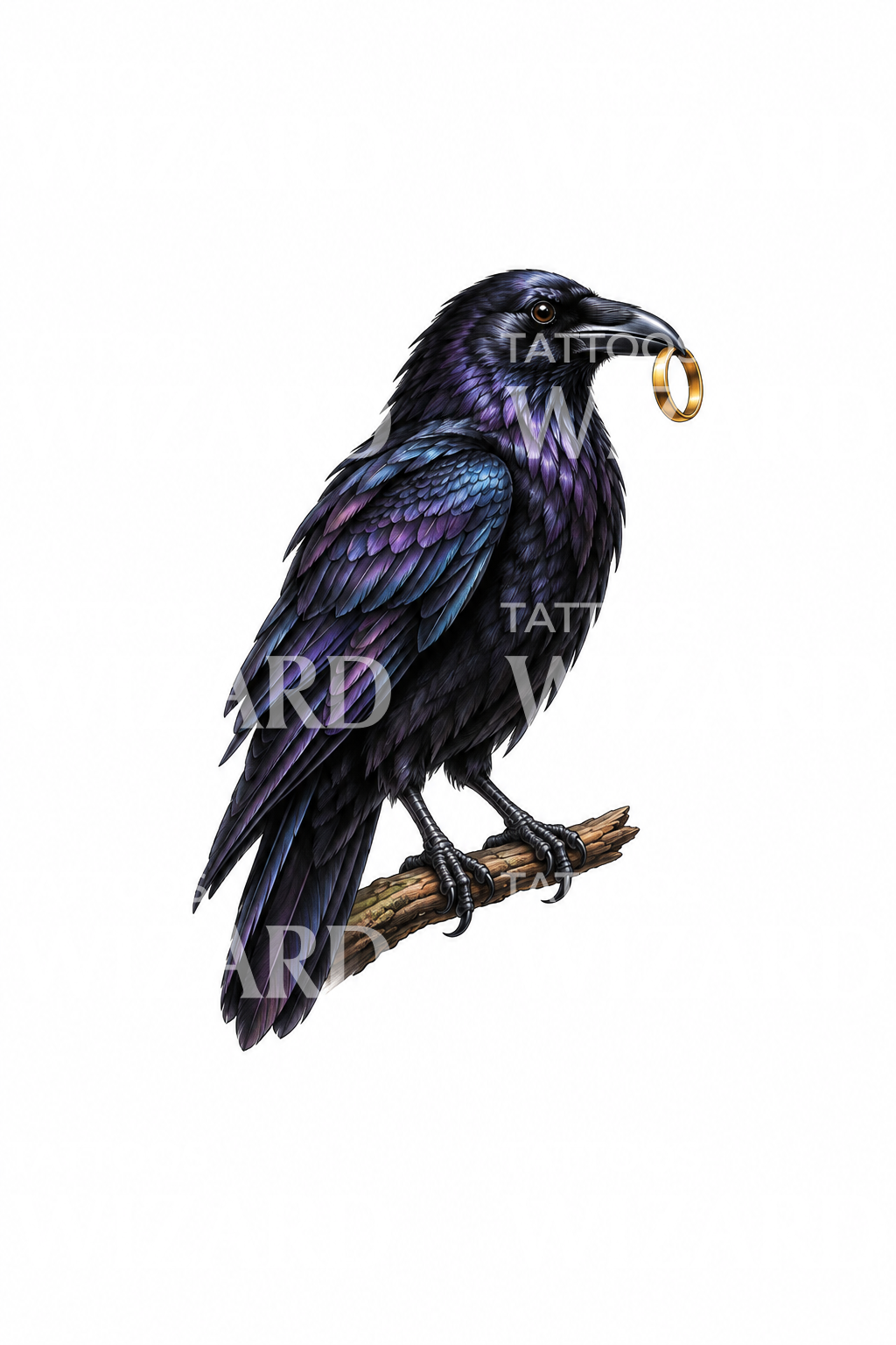 Raven with a Gold Ring in Its Beak Tattoo Design
