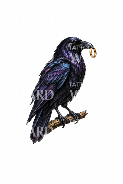 Raven with a Gold Ring in Its Beak Tattoo Design