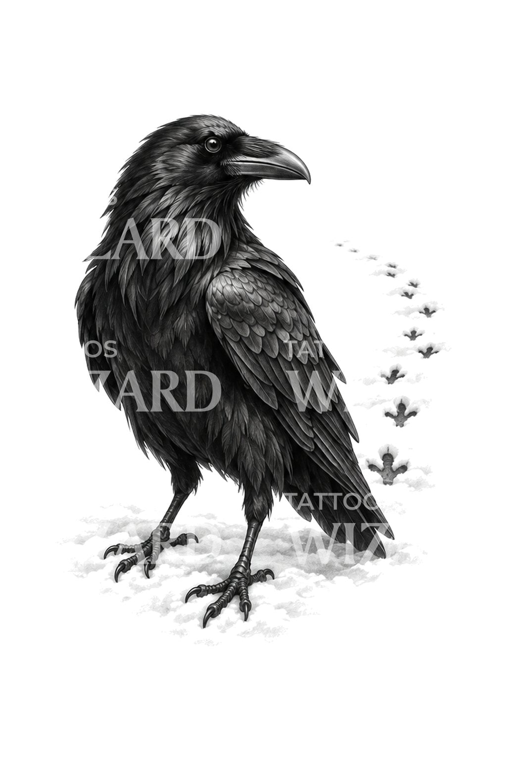 Disegno per tatuaggio di corvo con impronte nella neve