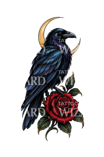 Design de tatuagem de corvo com rosa vermelha e lua