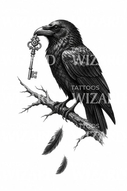Design tatuaggio corvo con chiave passe-partout
