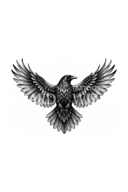 Raven with Spread Wings Dotwork Tattoo