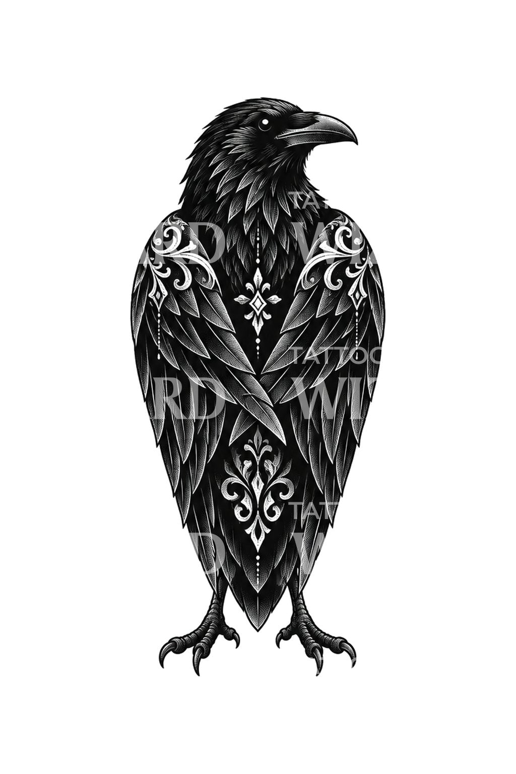 Desain Tato Blackwork Gagak Berselimut Sayapnya Sendiri