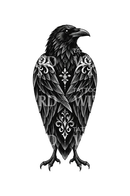 Desain Tato Blackwork Gagak Berselimut Sayapnya Sendiri