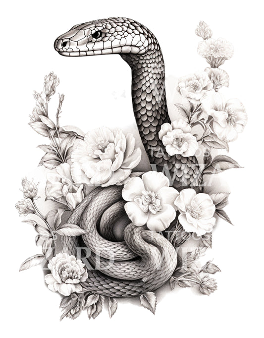 Snake with Peonies Tattoo Design