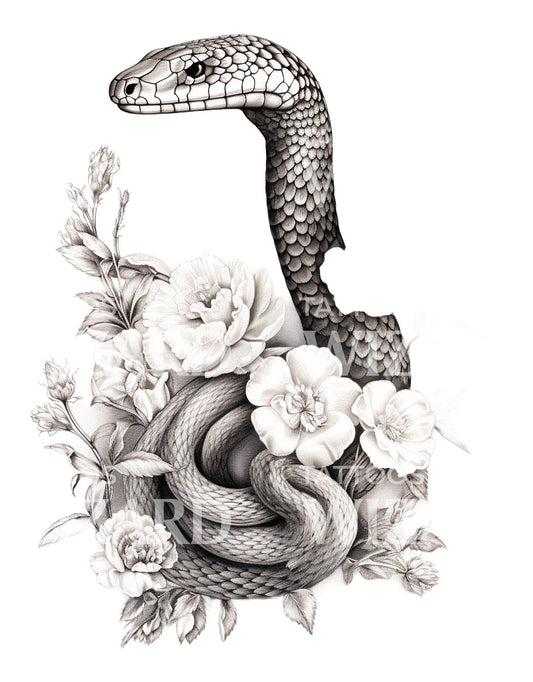 Conception de tatouage de serpent avec des pivoines