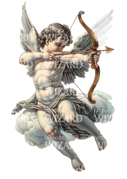 Realistic Cupid Child with Bow & Arrow Tattoo Design